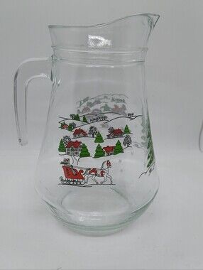 ​Vintage KIG Indonesia Glass Christmas Pitcher Winter Wonderland Sleigh 52oz